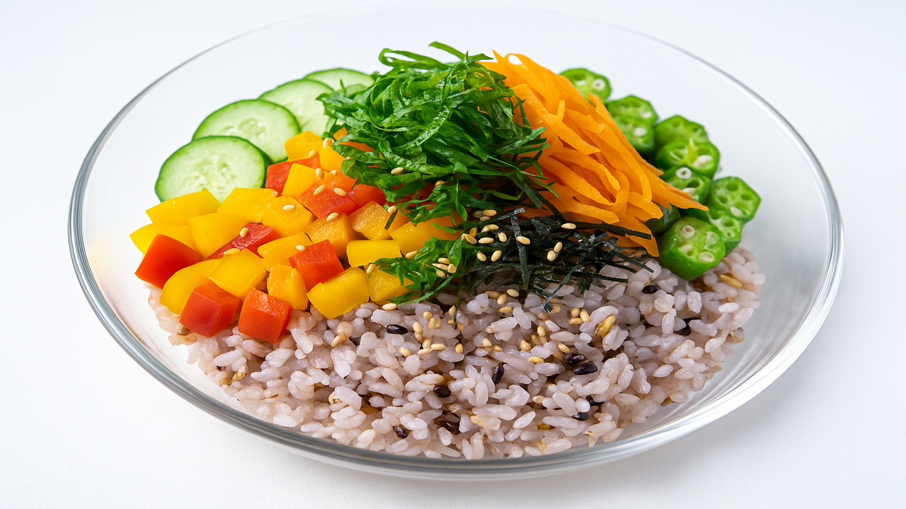 ガラス皿に盛られた雑穀ごはんと夏野菜のサラダプレート。彩り豊かで初夏らしい和の行事食